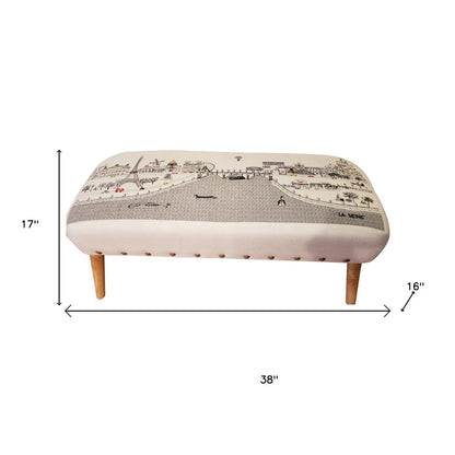 38" Cream Wool And Brown Ottoman