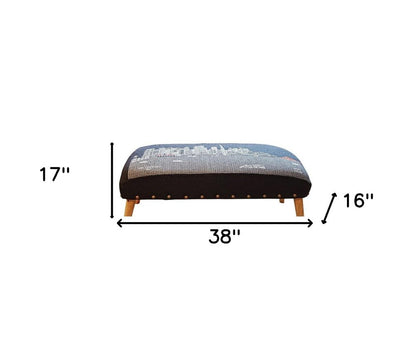 38" Gray Wool and Brown Ottoman