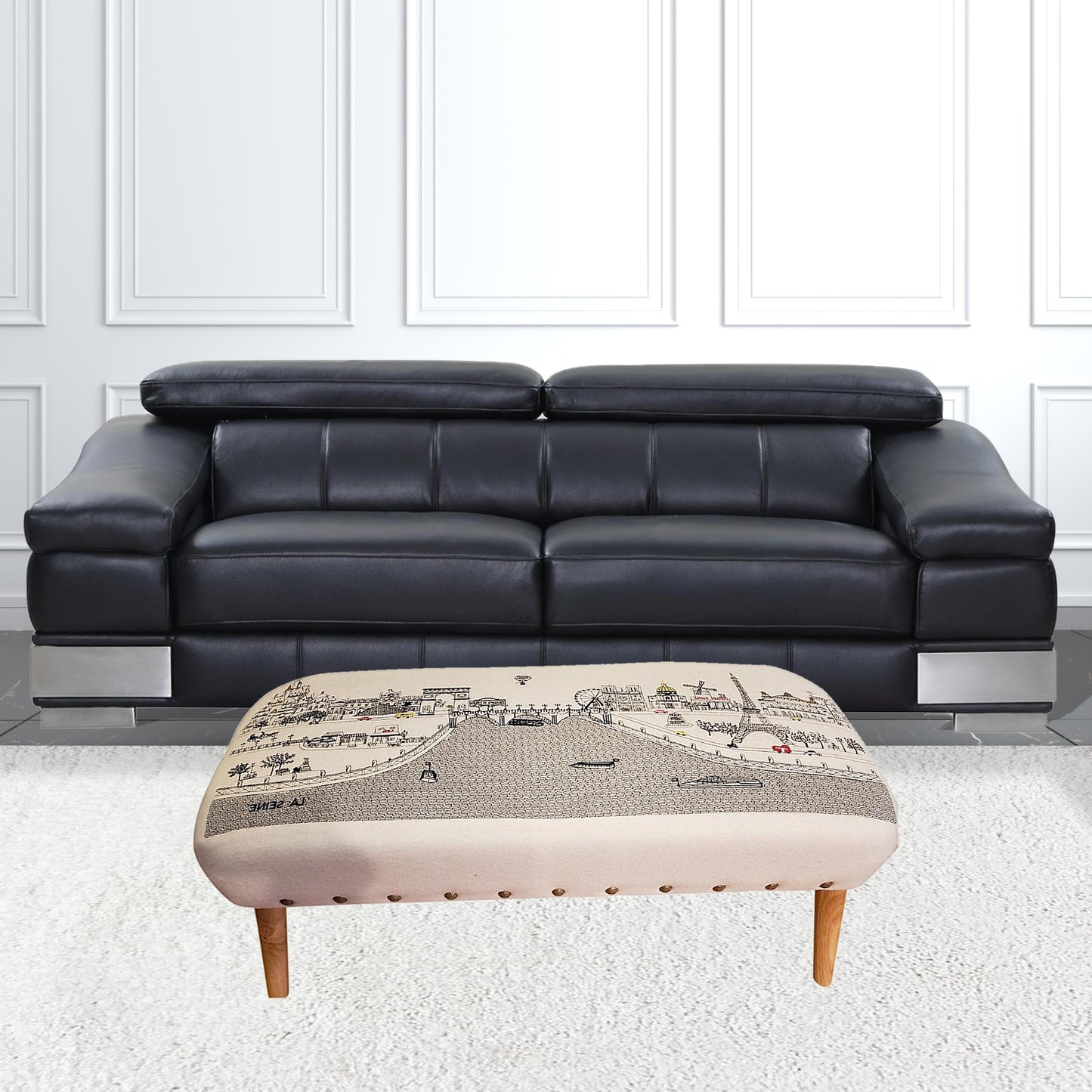 38" Cream Wool And Brown Ottoman