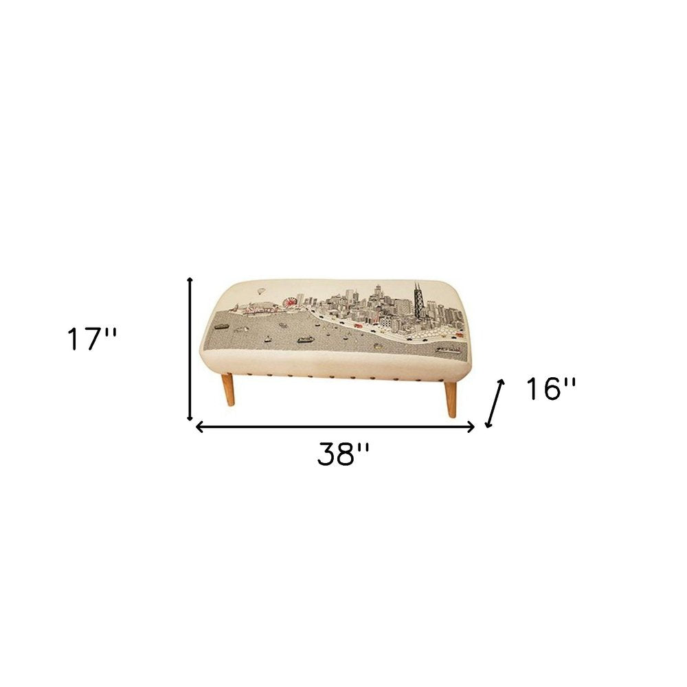 38" Cream Wool and Brown Ottoman