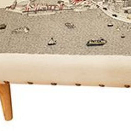 38" Cream Wool and Brown Ottoman