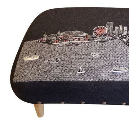 38" Gray Wool and Brown Ottoman