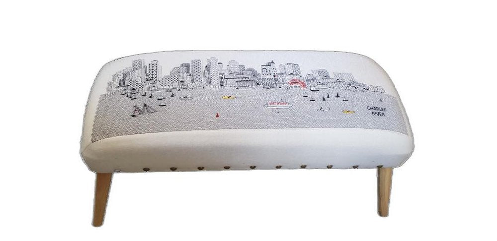 38" Cream And Natural Boston Daytime Skyline Embroidered Ottoman