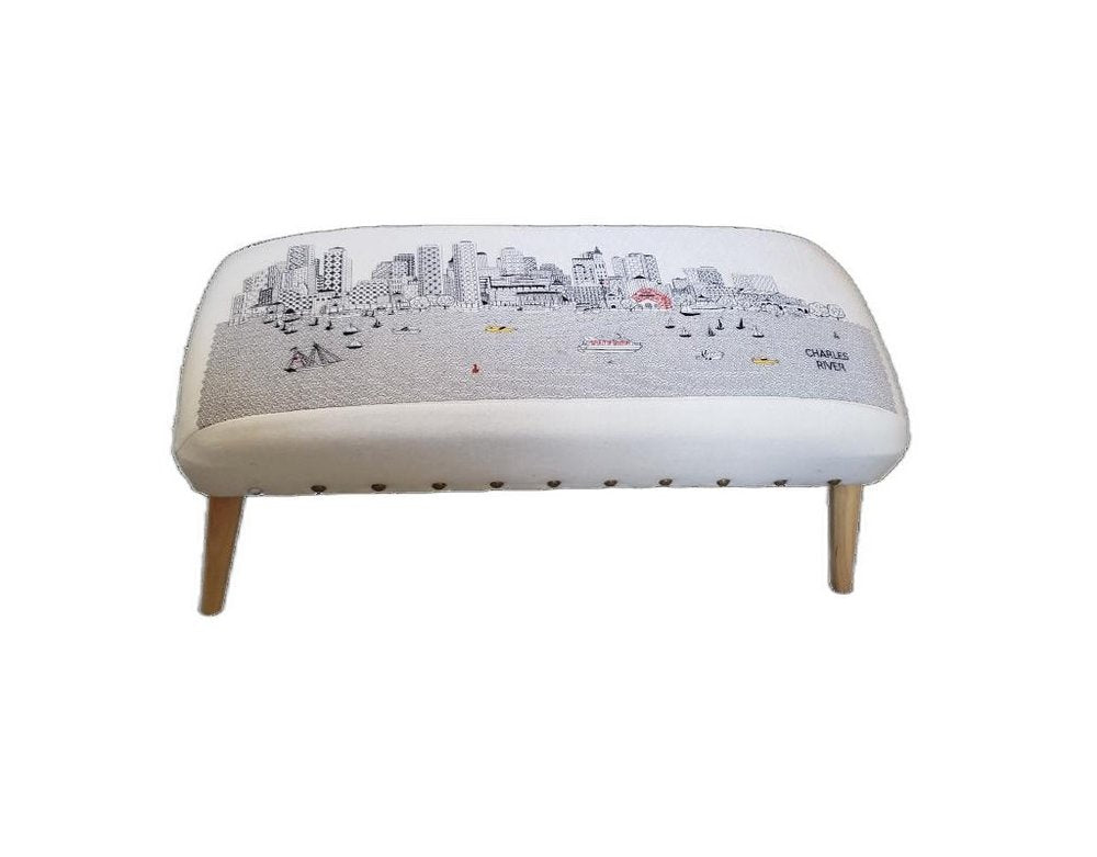 38" Cream And Natural Boston Daytime Skyline Embroidered Ottoman