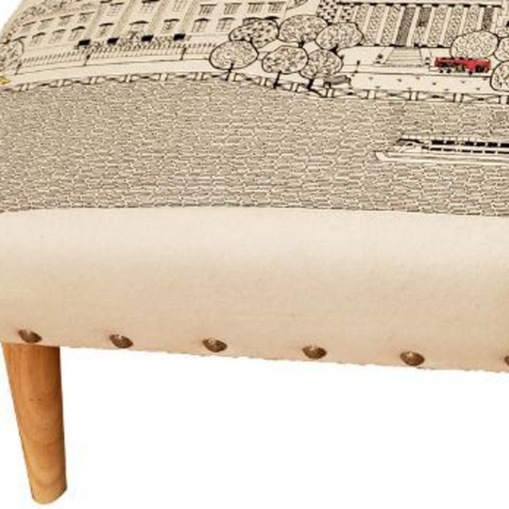 38" Cream Wool and Brown Ottoman