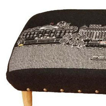 38" Gray Wool and Brown Ottoman