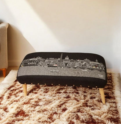 38" Gray Wool and Brown Ottoman