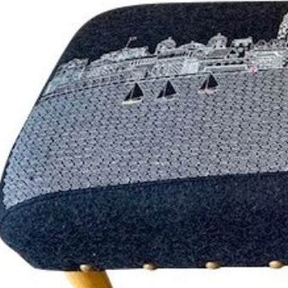 38" Gray Wool and Brown Ottoman