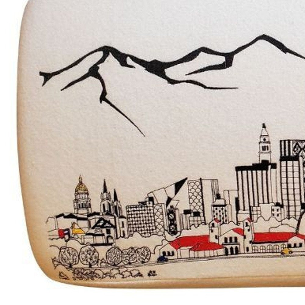 38" Cream Wool and Brown Ottoman