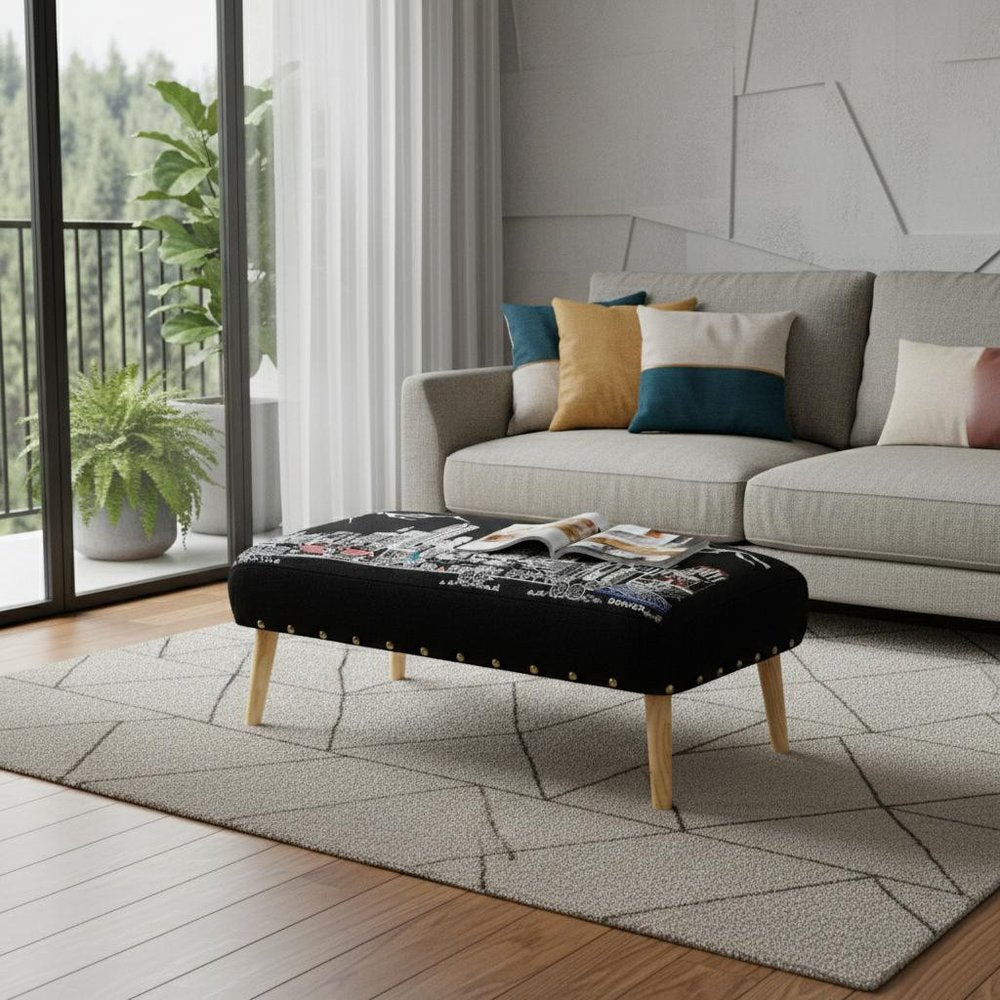 38" Gray Wool and Brown Ottoman