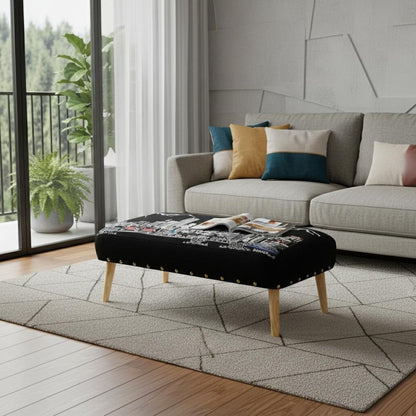 38" Gray Wool and Brown Ottoman