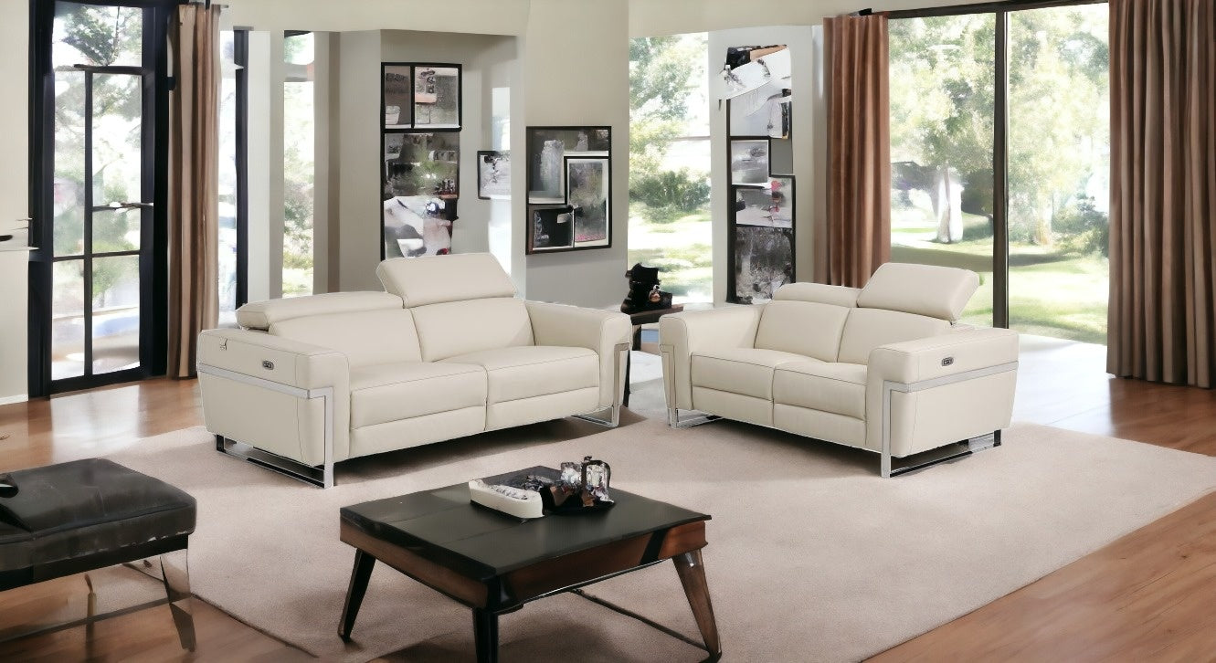 Two Piece Indoor Beige Italian Leather Five Person Seating Set