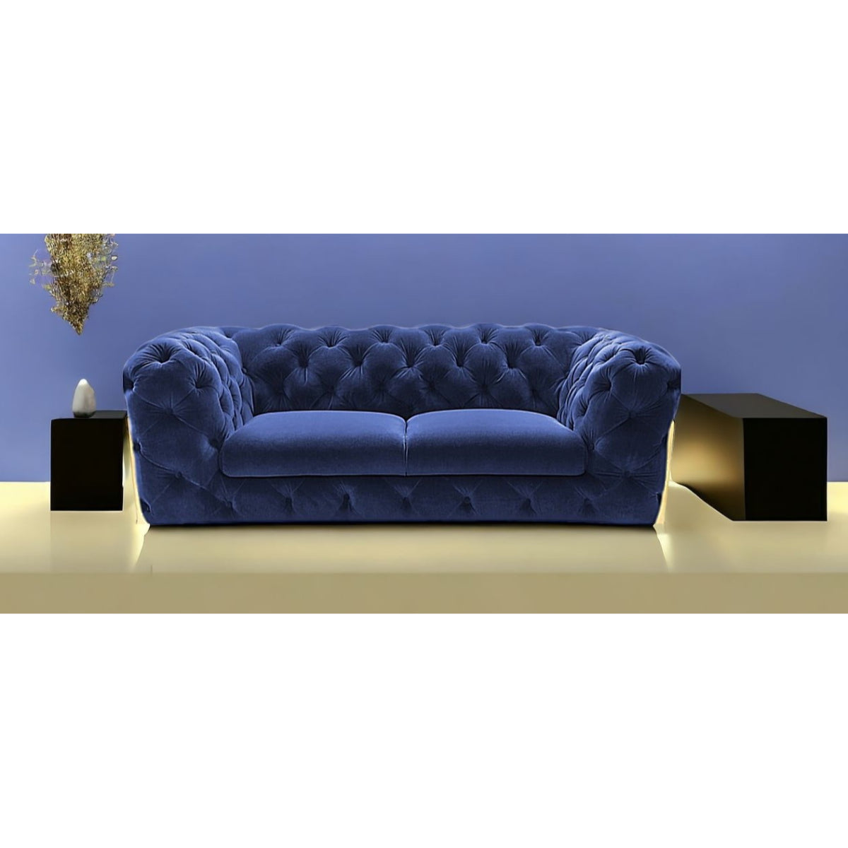 74" Blue And Gold Velvet Loveseat