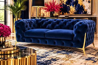 74" Blue And Gold Velvet Loveseat