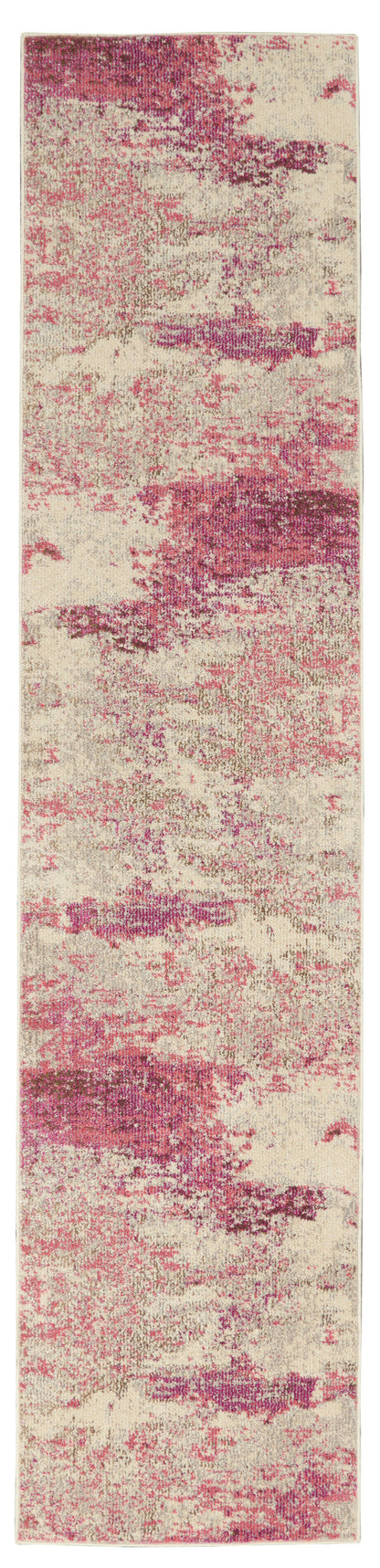 Narrow beige runner rug with pink abstract, distressed brush pattern and soft woven texture.