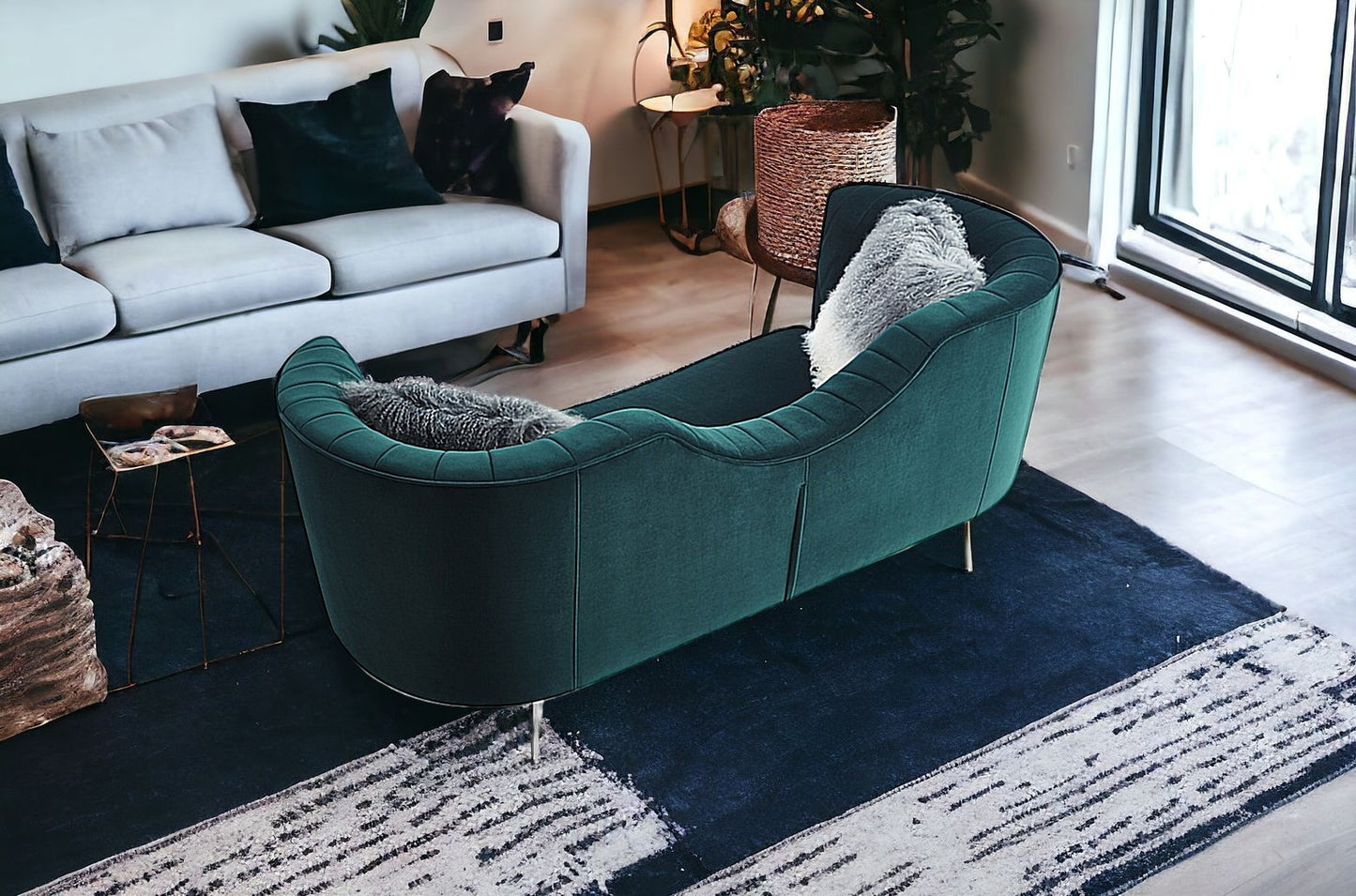 83" Green Velvet Curved Sofa With Silver Legs
