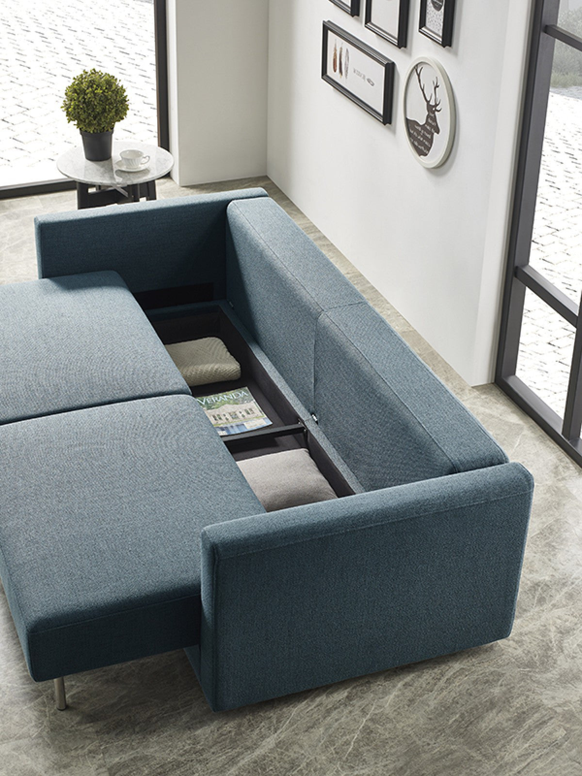 Long Arm 88" Blue Green Sofa Bed With Storage Space