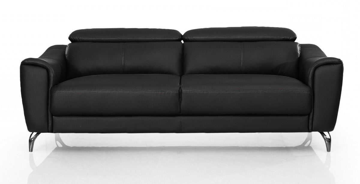 80" Black Genuine Leather Sofa With Silver Legs