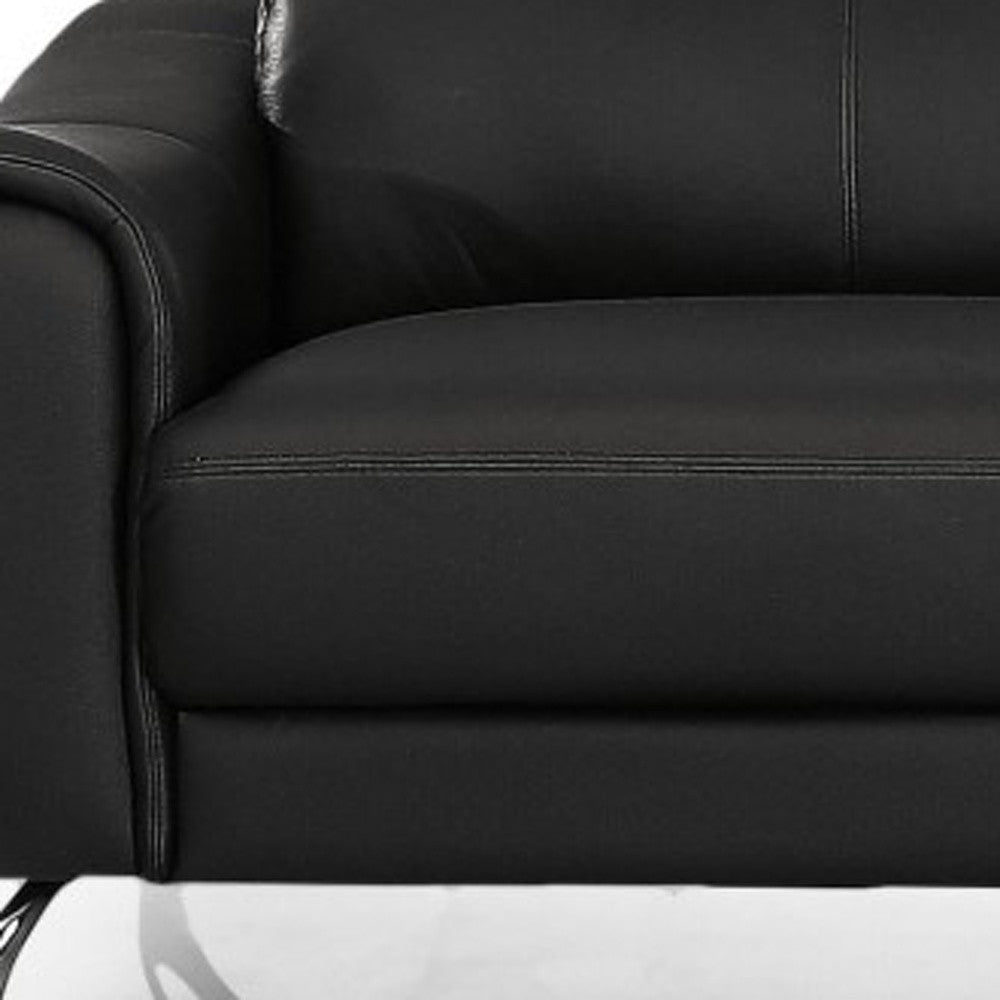 80" Black Genuine Leather Sofa With Silver Legs