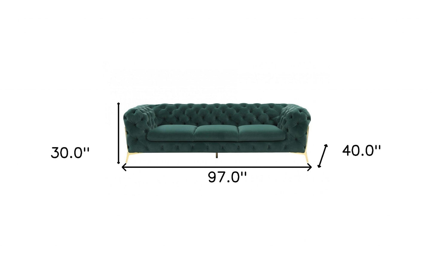 97" Green Velvet Sofa With Gold Legs