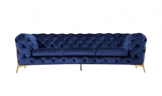 97" Blue Velvet Sofa With Gold Legs