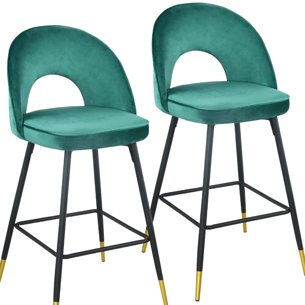 Set of Two 27" Green Black and Gold Velvet Low Back Counter Height Bar Chairs