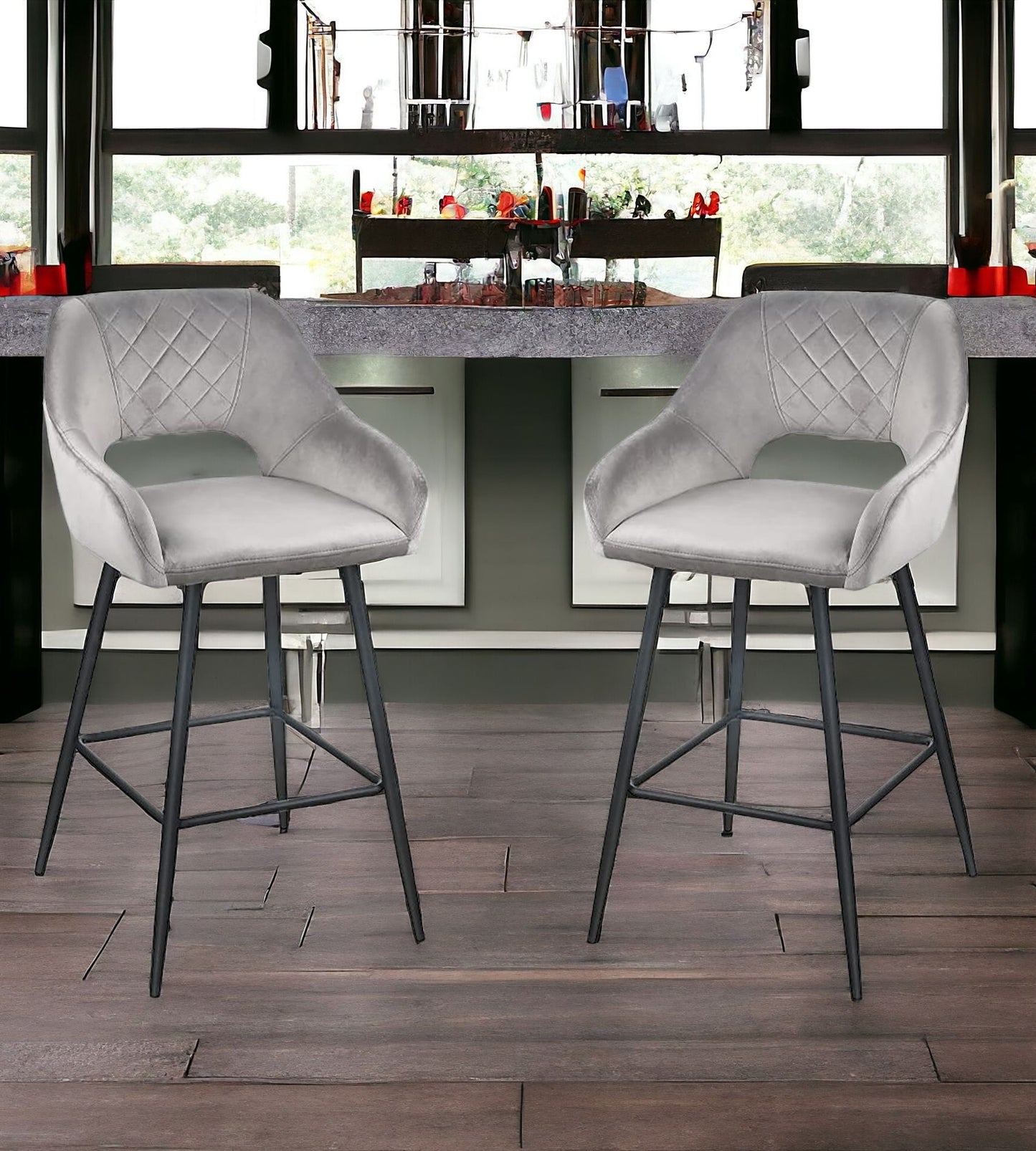 Set of Two 27" Gray And Black Velvet And Iron Low Back Counter Height Bar Chairs