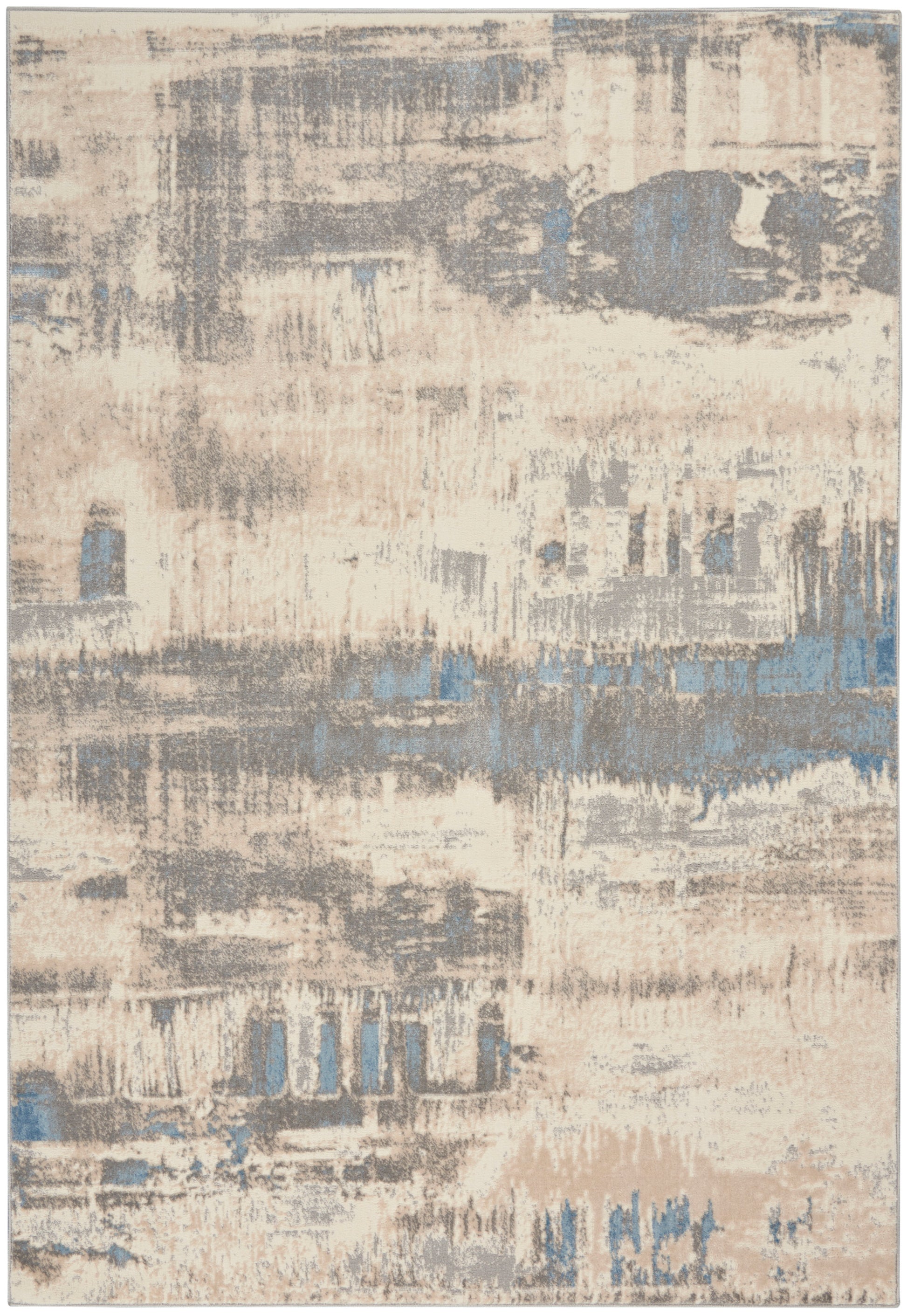 Abstract beige-gray area rug with blue accents; distressed brushstroke pattern for contemporary living room decor.