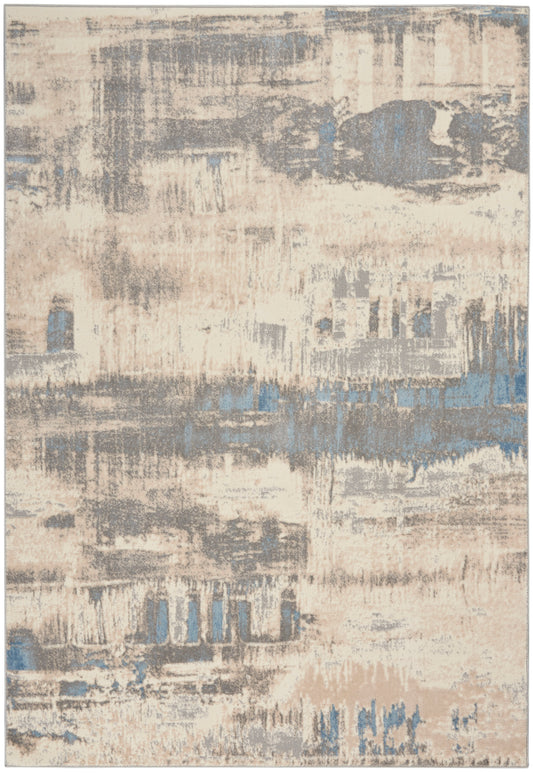 Abstract beige-gray area rug with blue accents; distressed brushstroke pattern for contemporary living room decor.