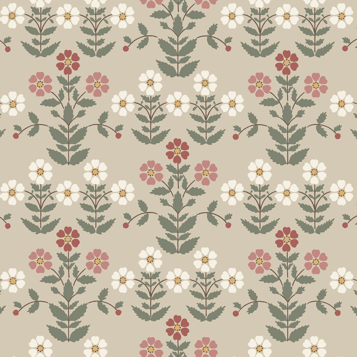 Beige cream floral pattern with white and pink blossoms on green stems; vintage botanical wallpaper/fabric design.