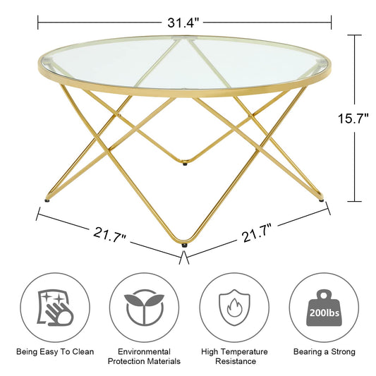 32" Glass And Gold Geo Round Coffee Table