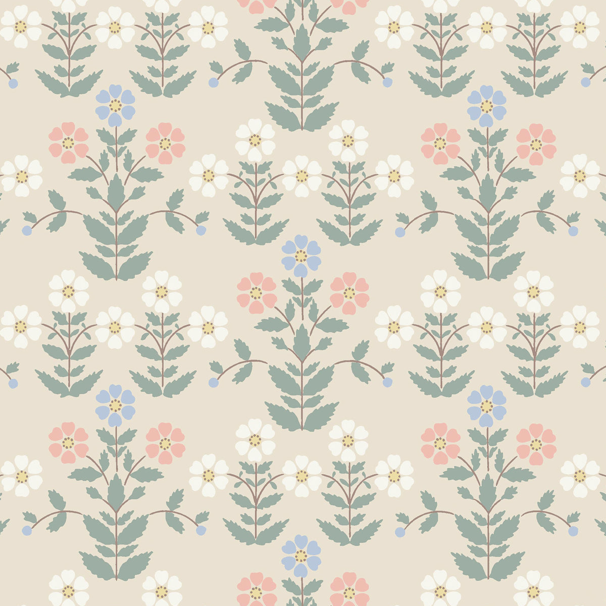 Pastel floral pattern featuring teal stems and white, pink, and blue flowers on a beige background.