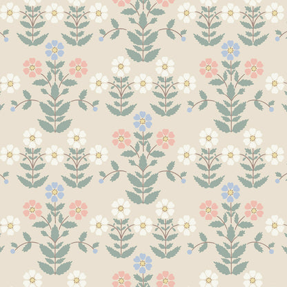Pastel floral pattern featuring teal stems and white, pink, and blue flowers on a beige background.