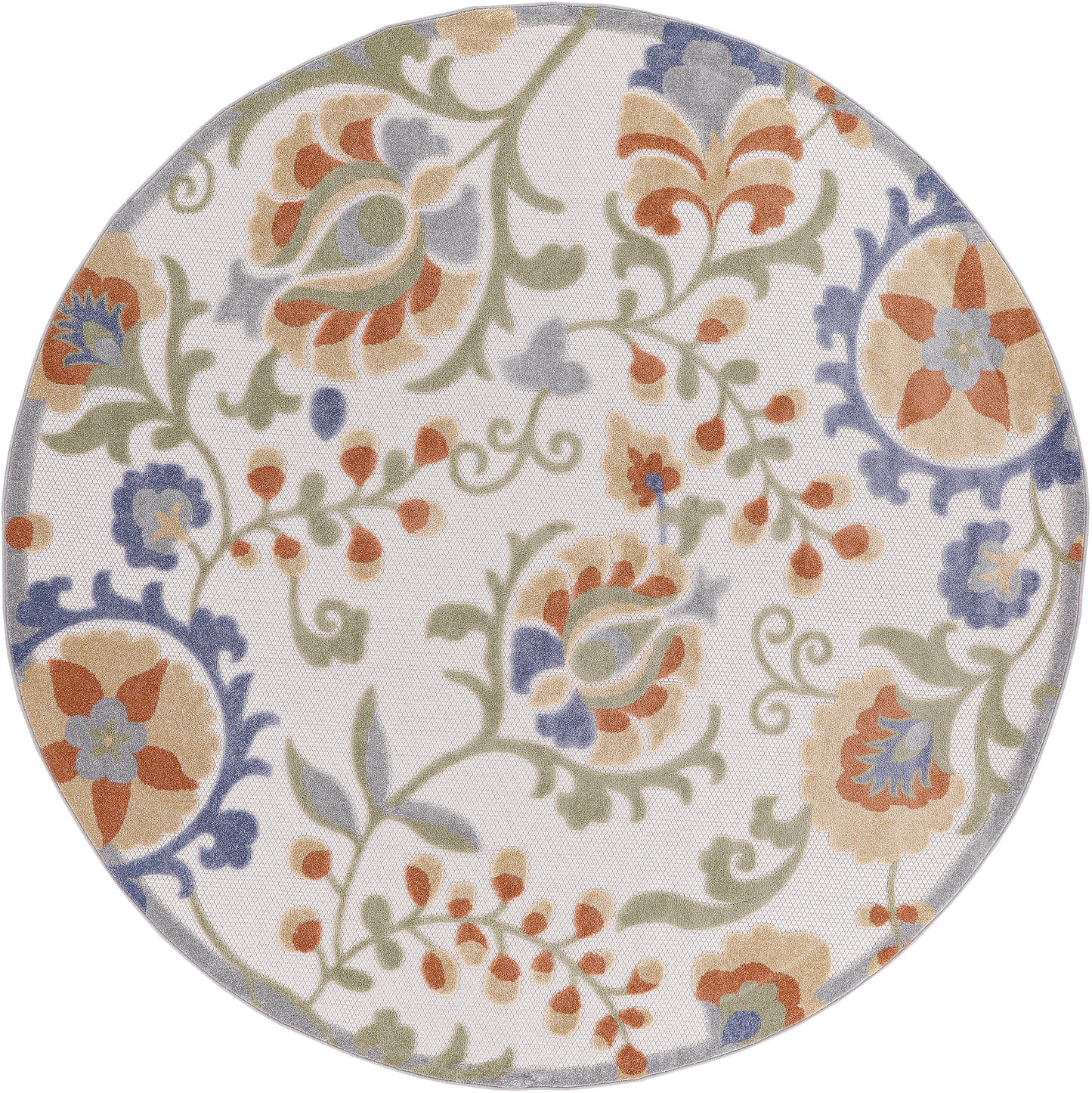 Round outdoor rug, 8' diameter, with a pastel floral pattern in orange, blue, and green on ivory.