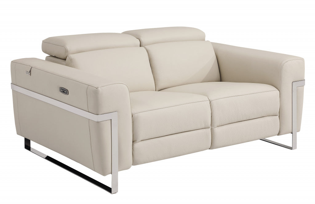 65" Beige And Silver Italian Leather Power Reclining Loveseat