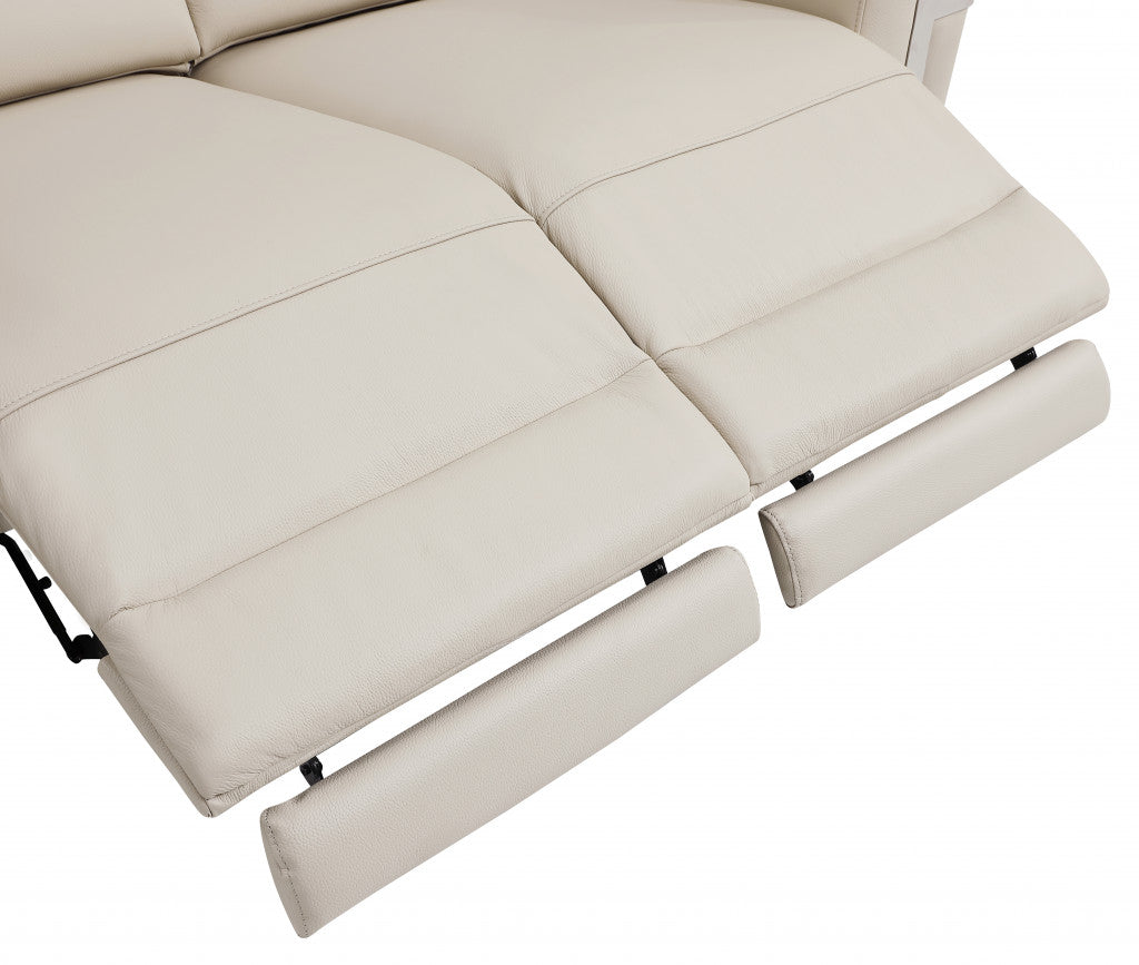 65" Beige And Silver Italian Leather Power Reclining Loveseat