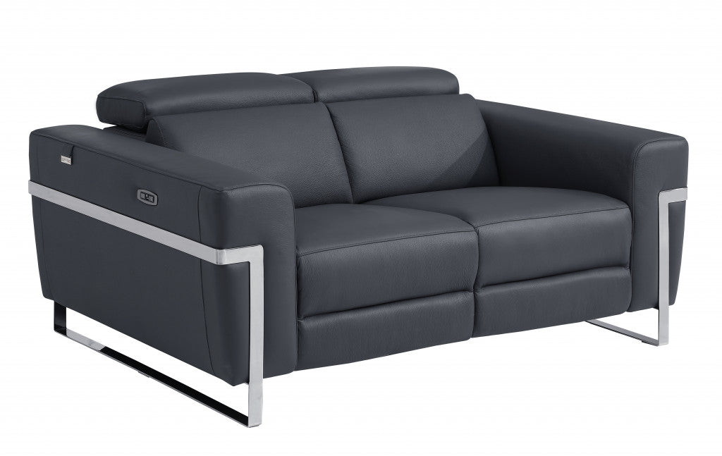 65" Gray And Silver Italian Leather Power Reclining Loveseat