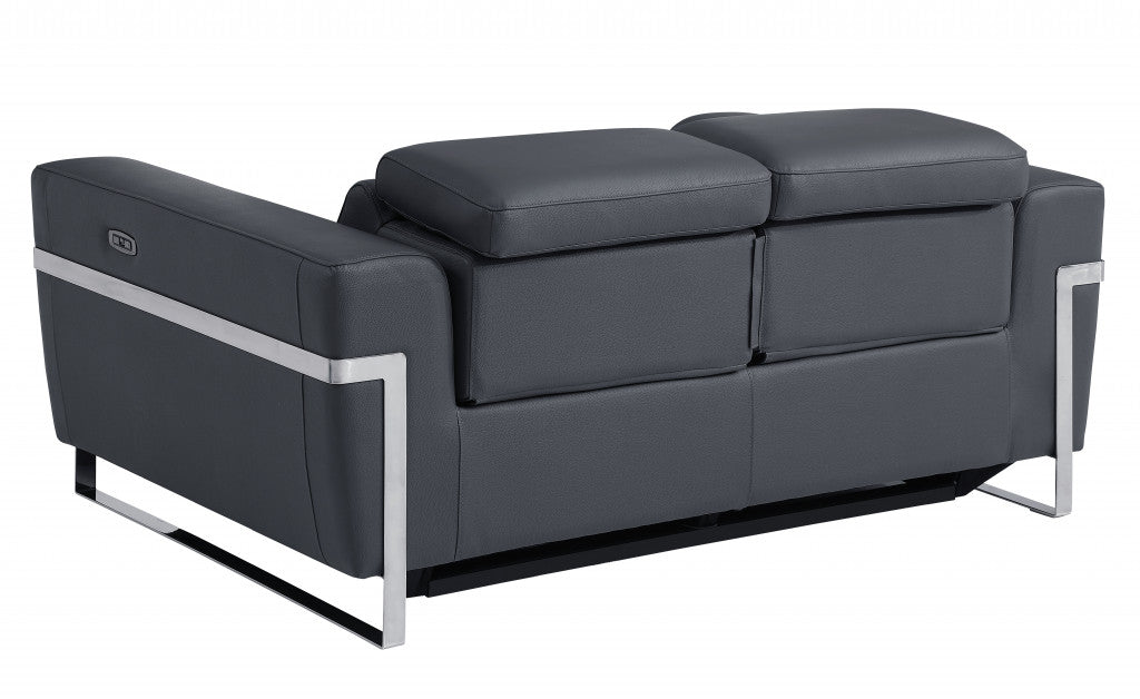 65" Gray And Silver Italian Leather Power Reclining Loveseat