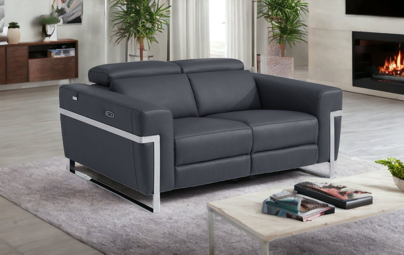 65" Gray And Silver Italian Leather Power Reclining Loveseat