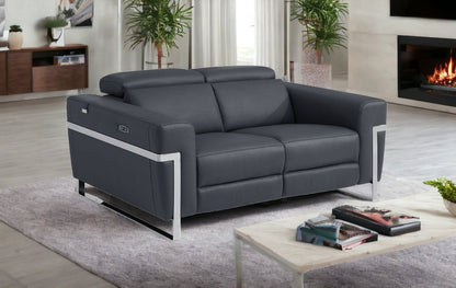 65" Gray And Silver Italian Leather Power Reclining Loveseat