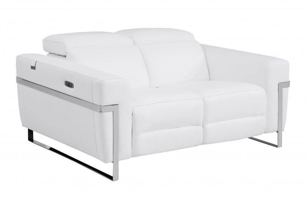 65" White And Silver Italian Leather Power Reclining Loveseat