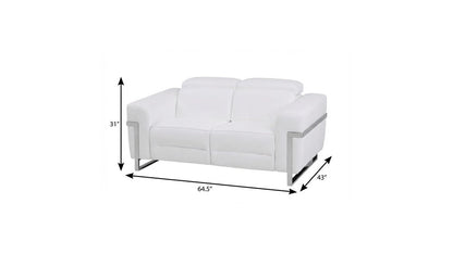 65" White And Silver Italian Leather Power Reclining Loveseat