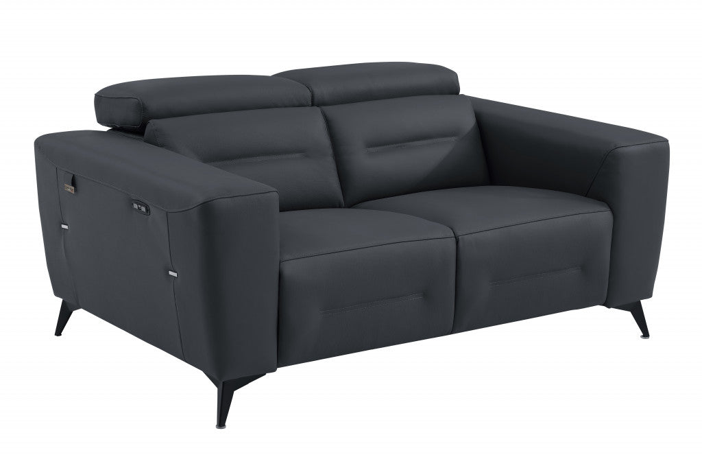 65" Gray And Black Italian Leather Power Reclining Loveseat