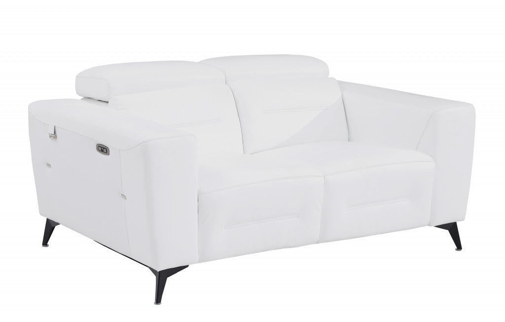 65" White And Black Italian Leather Power Reclining Loveseat