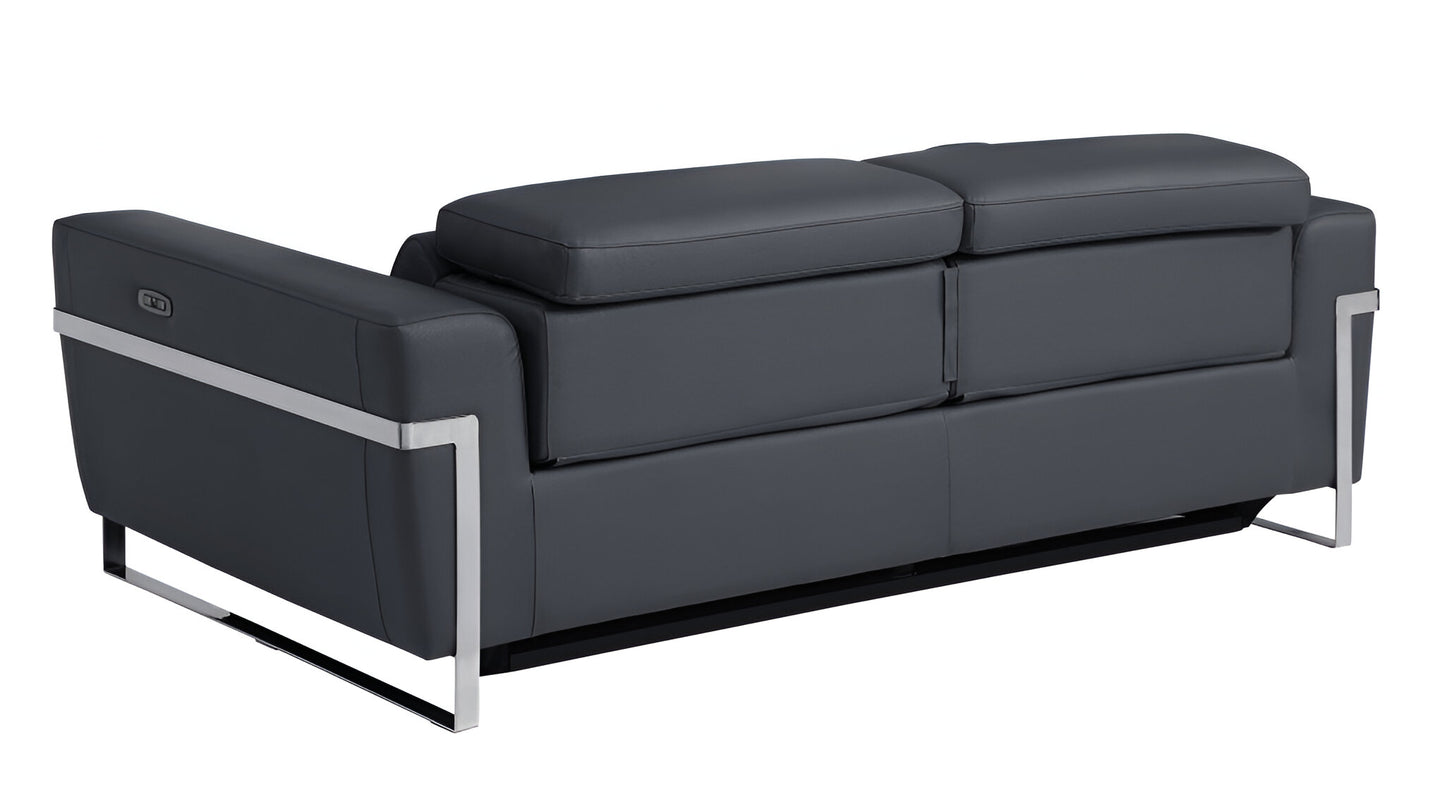 83" Dark Gray Italian Leather USB Reclining Sofa With Silver Legs