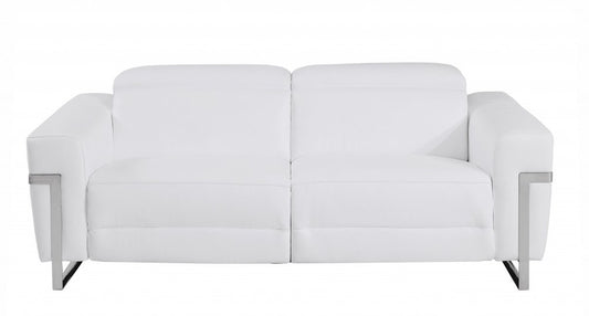 83" White Italian Leather USB reclining sofa with chrome legs