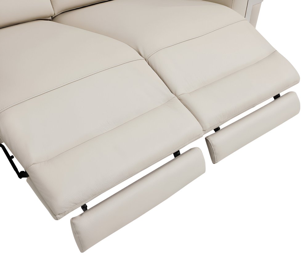 83" beige Italian leather USB reclining sofa with silver legs