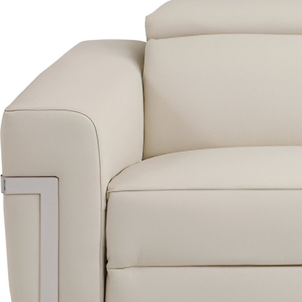 83" beige Italian leather USB reclining sofa with silver legs