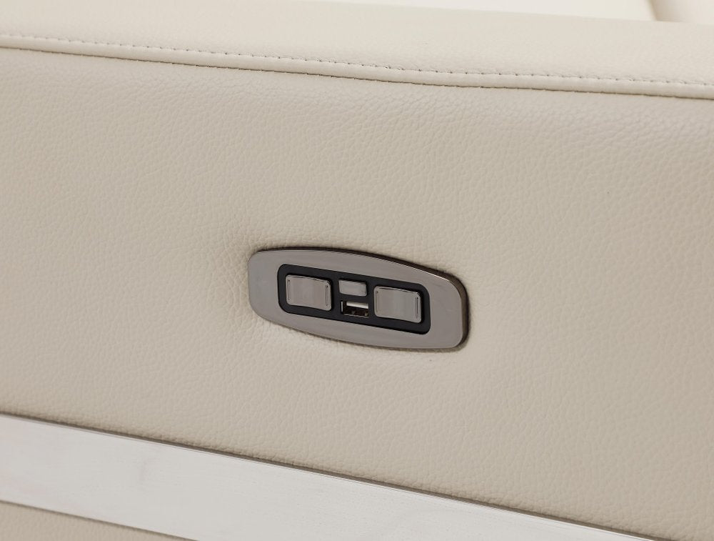 Product title: 83" Beige Italian Leather USB Reclining Sofa With Silver Legs