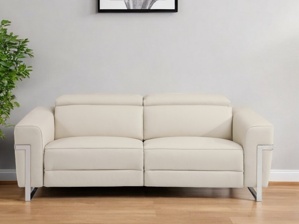 83" beige Italian leather USB reclining sofa with silver legs